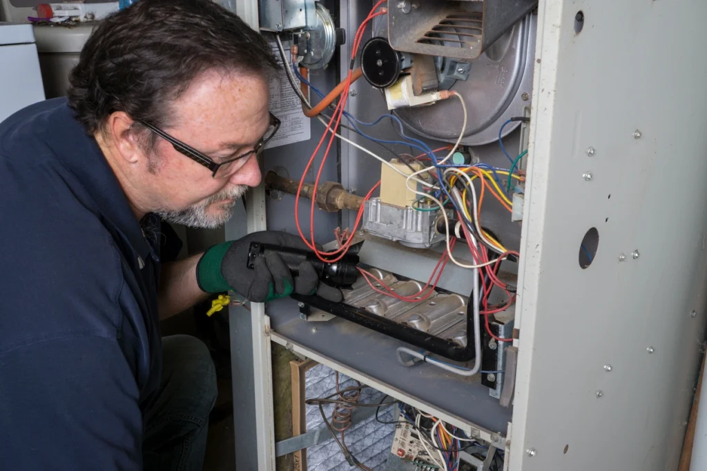 A man diligently operates a furnace in a residential setting, ensuring warmth and comfort in the home.